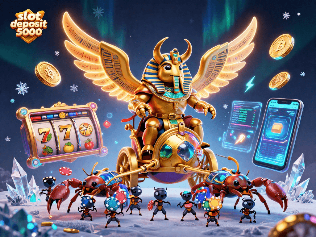 Experience exciting gameplay with slot deposit 5000 amidst a vibrant casino scene with golden scarabs and gems.