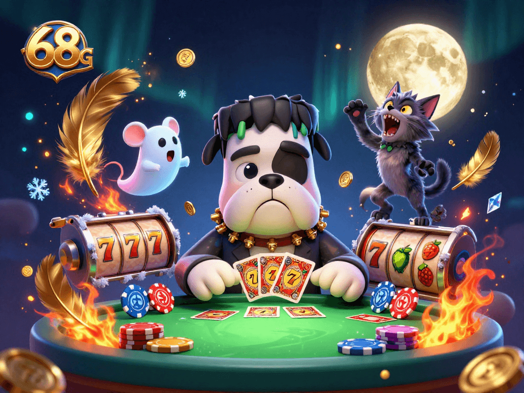 Jogando cartas no cassino com 68G, um cão monstro e um gato lobisomem em cena vibrante.