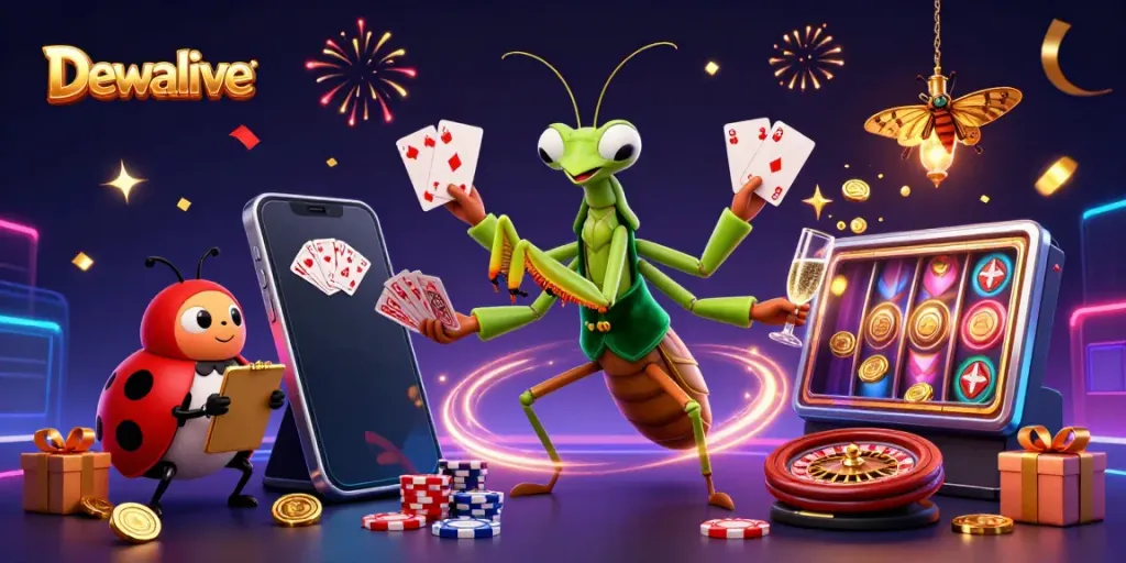 Experience the vibrant energy of Dewalive casino with dynamic characters and games in a rich 3D illustration.