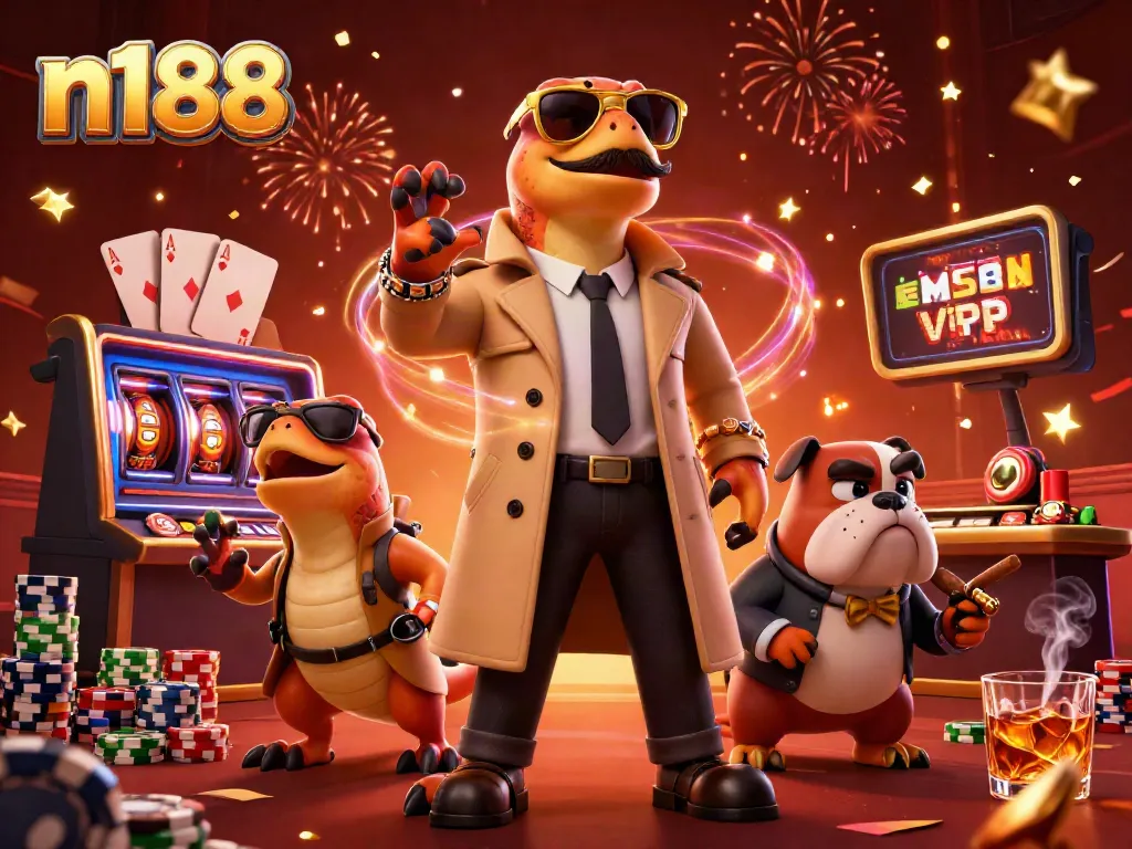 Experience thrilling n188 gaming joy with cartoon raptors in a VIP casino scene featuring vibrant slots and poker.