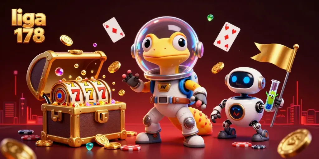 Menggali slot dan cuan di liga 178, Martian gecko dengan robot di kasino megah.