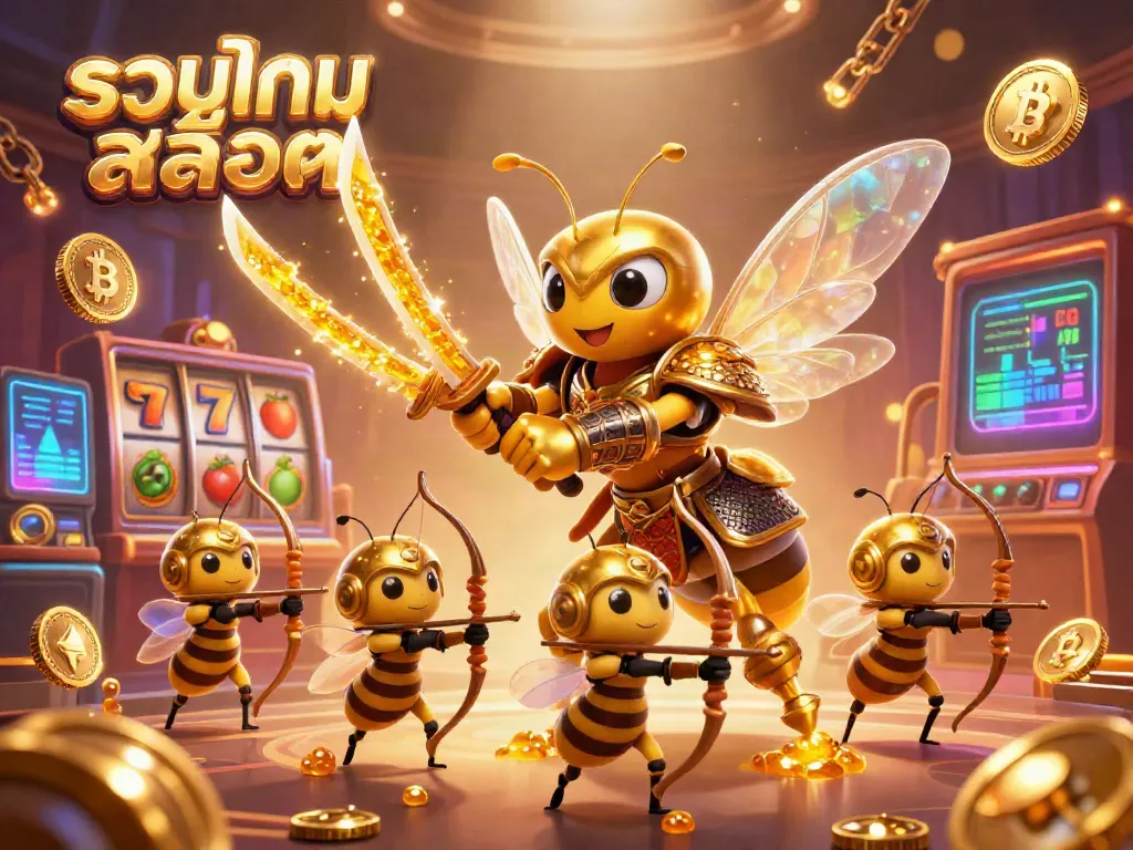Experience thrilling gaming with รวมเกมสล็อต featuring a giant hornet in armor and vibrant casino elements.