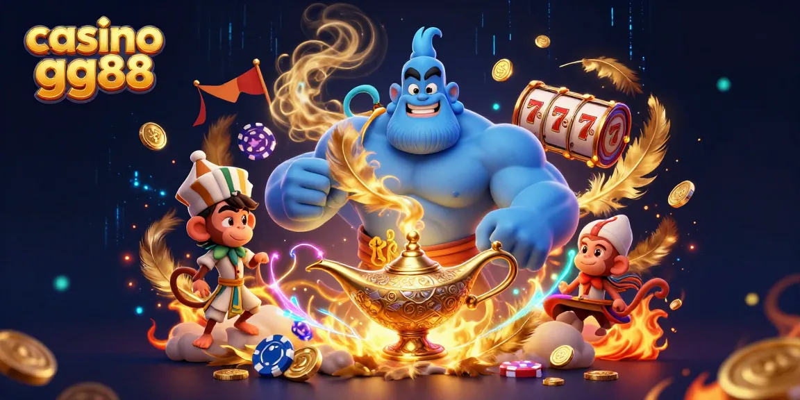 Engage in thrilling gameplay at casino gg88 with vibrant 3D illustration showcasing a magical genie and poker chips.