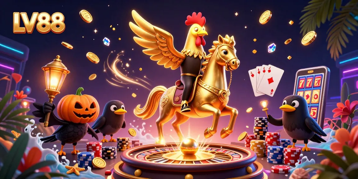Experience exciting wins with LV88 in a vibrant casino scene featuring golden rooster and tokens.