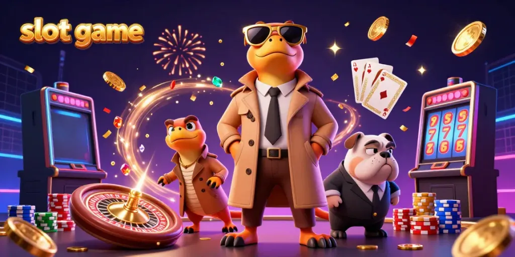 Slot game menampilkan tiga raptor dalam jas mengecoh bouncer di kasino dengan chip poker dan koin berhamburan.