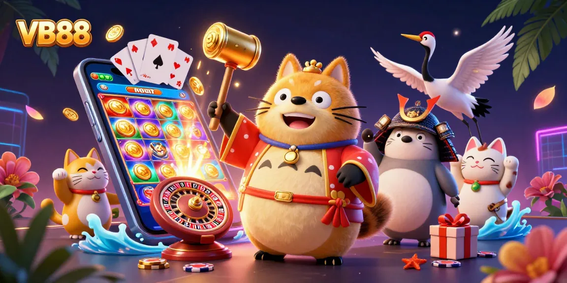 VB88 slot gaming scene with cheerful tanuki and colorful characters celebrating wins.