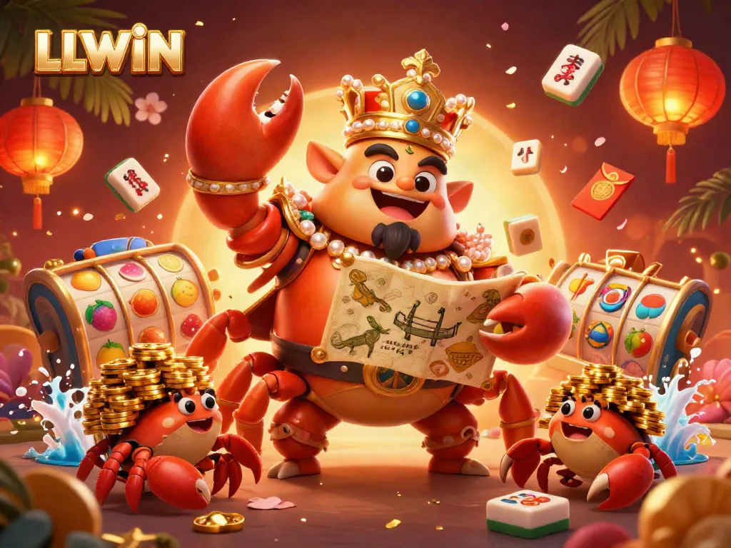 LLWIN offers a vibrant 3D scene featuring a crab emperor and treasure elements for an exciting casino experience.
