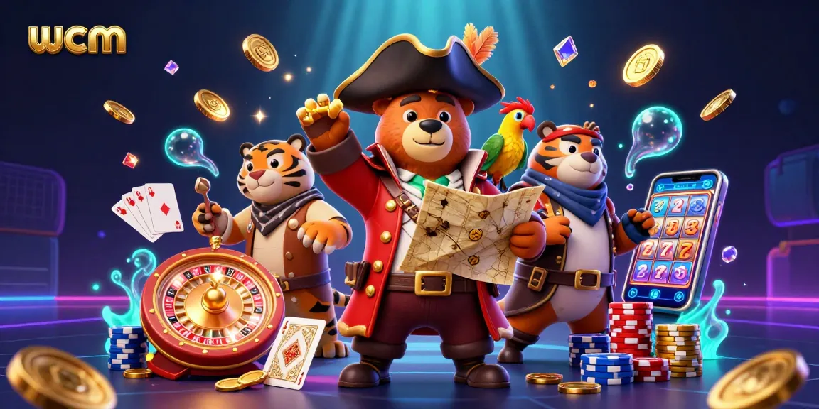 Experience thrilling moments of gaming with wcm's 3D pirate bear and friends surrounded by casino elements.