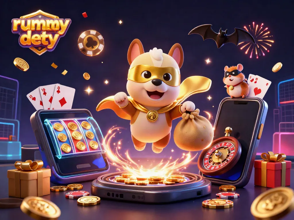 Rummy Deity sedang dimainkan oleh karakter lucu dengan koin emas berhamburan.
