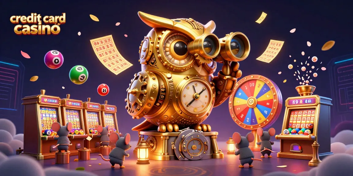 Experience the excitement of a credit card casino where a golden owl oversees vibrant gaming action.