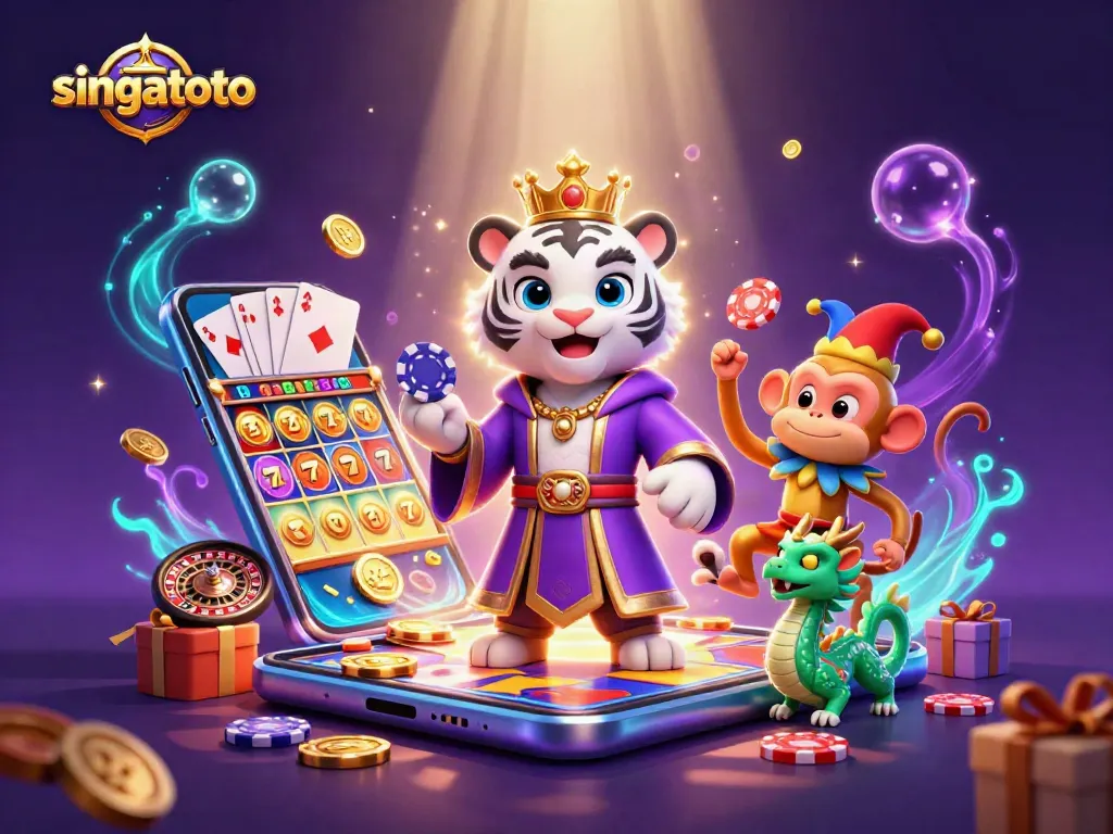Engage in singatoto gaming with a tiger, monkey, and dragon amidst vibrant casino elements.
