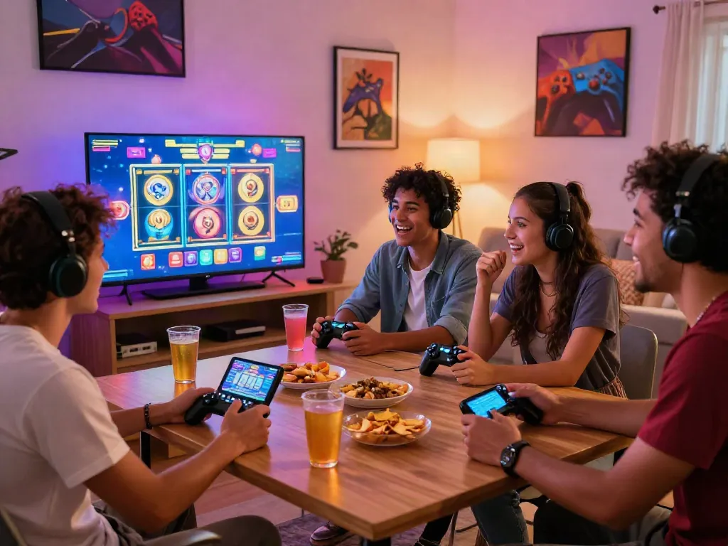 Friends enjoying a lively slot game session in a modern gaming room.