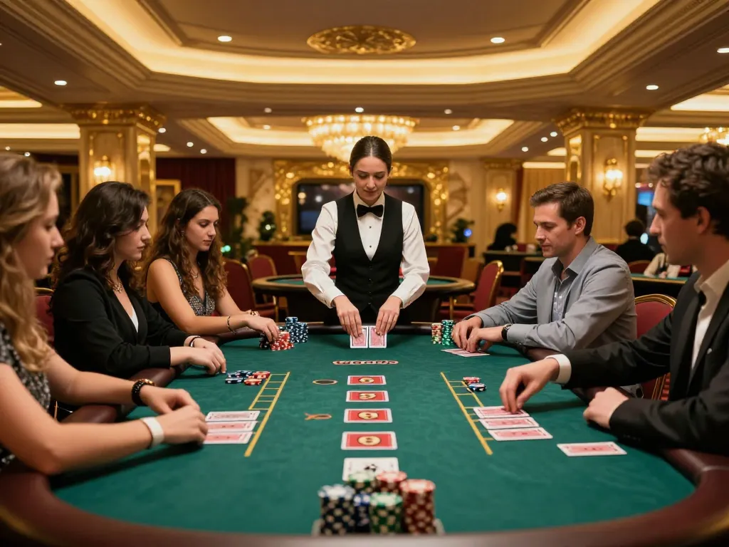 Engaged players at a luckyindex blackjack table in a luxurious casino atmosphere.