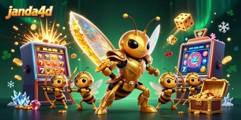 Slot dari janda4d yang dikelilingi karakter warna-warni dan elemen jackpot yang memukau.