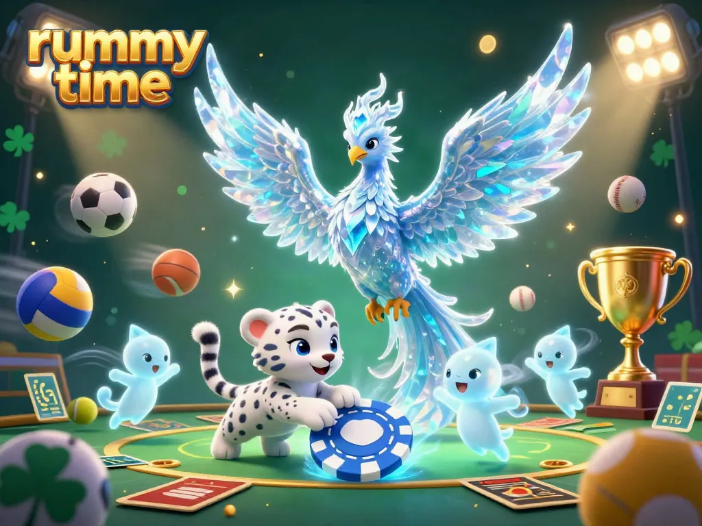 Experience the thrill of rummy time with a vibrant 3D illustration featuring a phoenix, snow leopard cub, and glowing sprites.