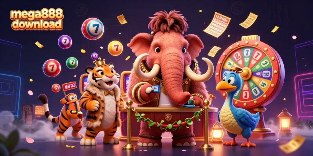 Experience the thrill of mega888 download with a vibrant 3D scene of colorful game elements.