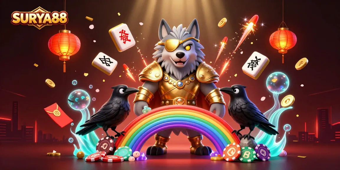 SURYA88 brings together a majestic Odin wolf and ravens in vibrant casino scene packed with winning elements.