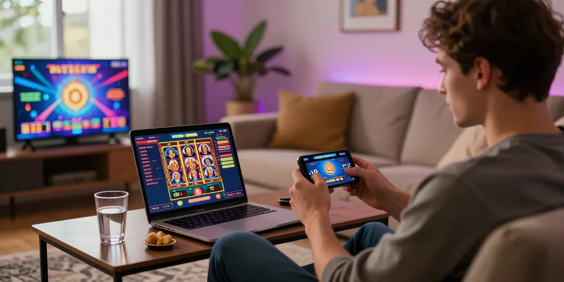 Engaging player enjoying a credit card casino experience on smartphone and laptop in a cozy living room.