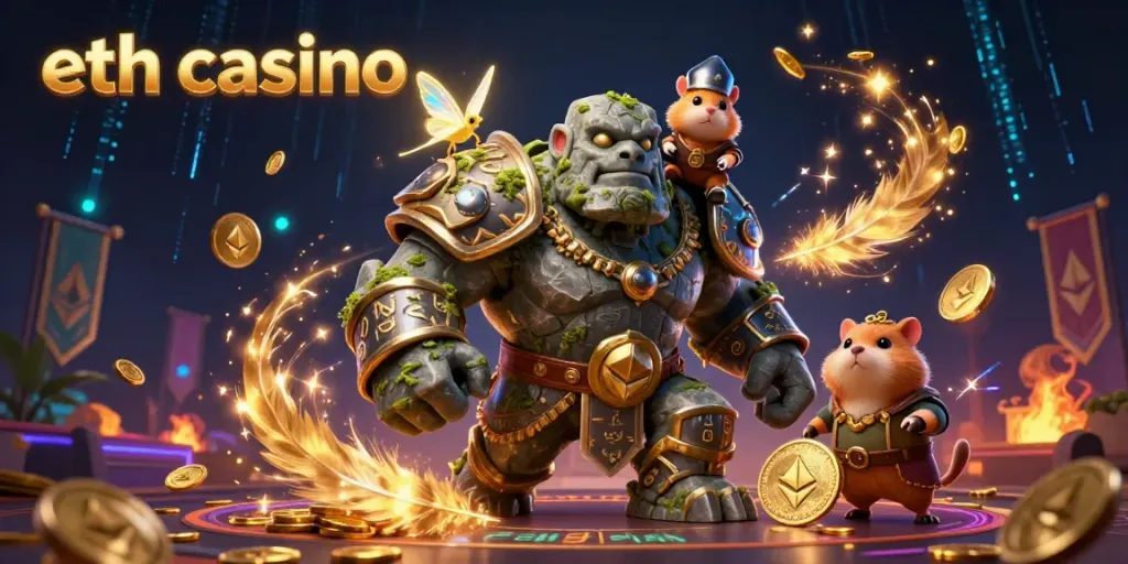 Play and win big at the eth casino surrounded by magical creatures and vibrant gaming elements.