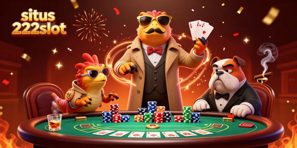 Mengunjungi situs 222slot dengan tiga raptor dalam jas trench dan satpam bulldog, penuh elemen kasino.
