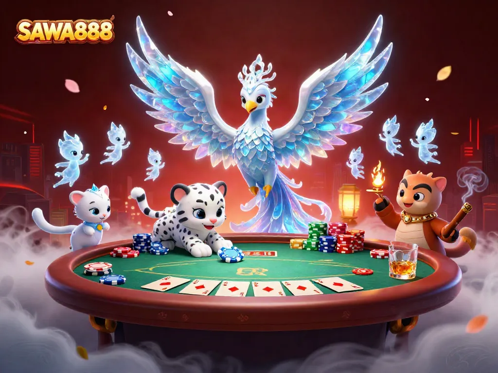 Join the excitement at SAWA888 with an ice phoenix and poker action in a vibrant casino scene.