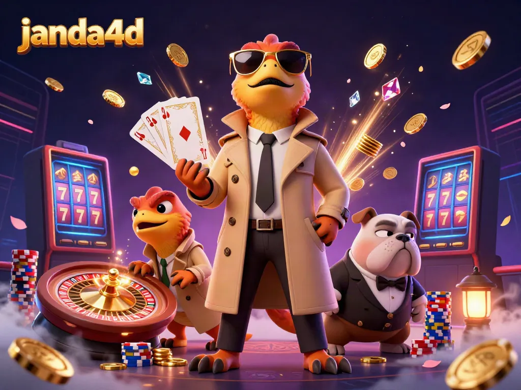 Raptor bertopeng memasuki lounge VIP kasino janda4d dikelilingi uang emas dan permainan