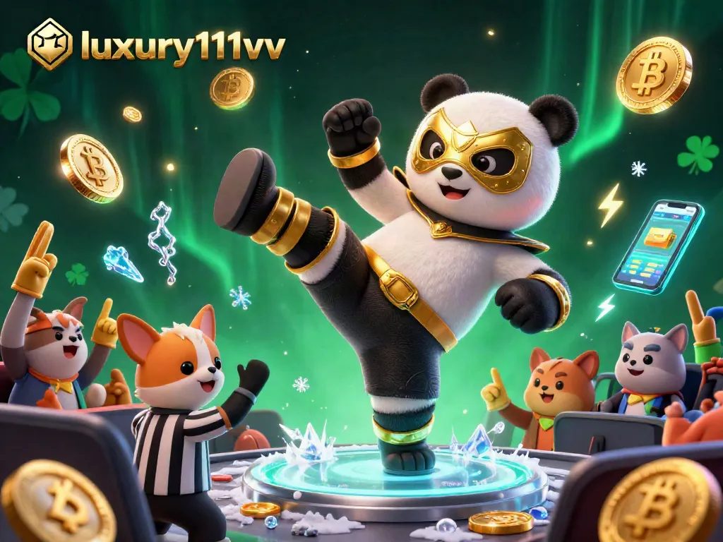 Gambaran aksi luar biasa di kasino luxury111vv dengan panda petinju meluncurkan serangan di arena penuh kemeriahan.