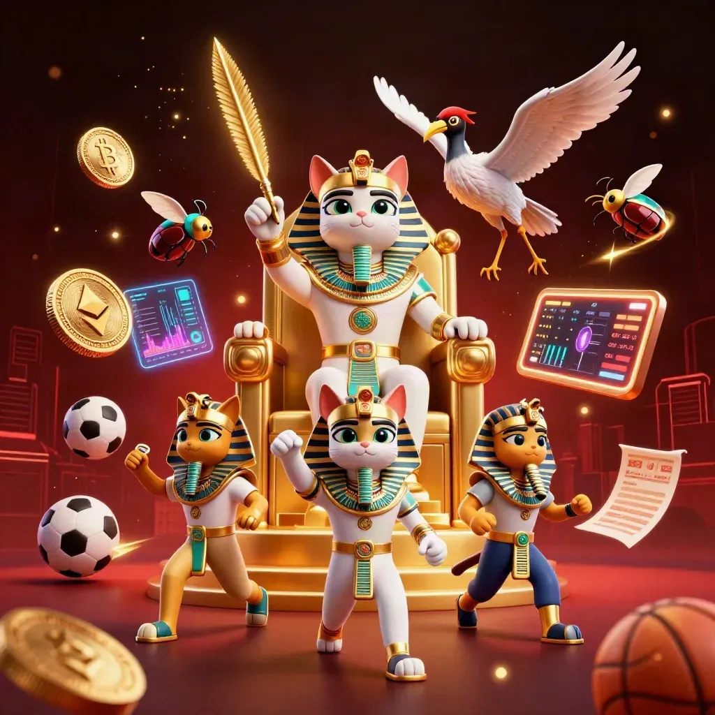 Pharaoh cat, ibis scribe, and scarab swarm amid gold coins, vault tech, and stadium energy.