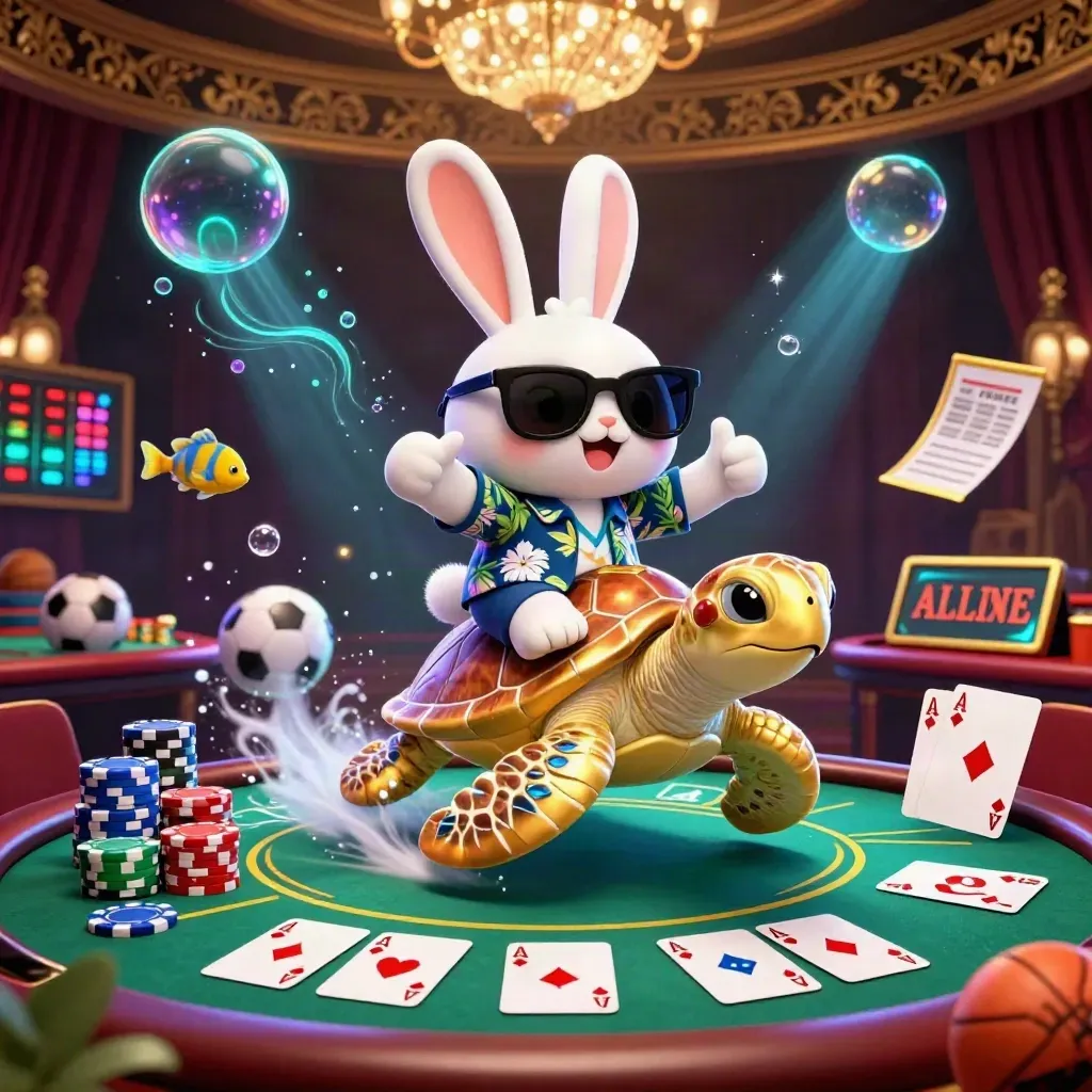Lucky rabbit on a golden sea turtle amid poker chips, cards, and glowing casino lights.