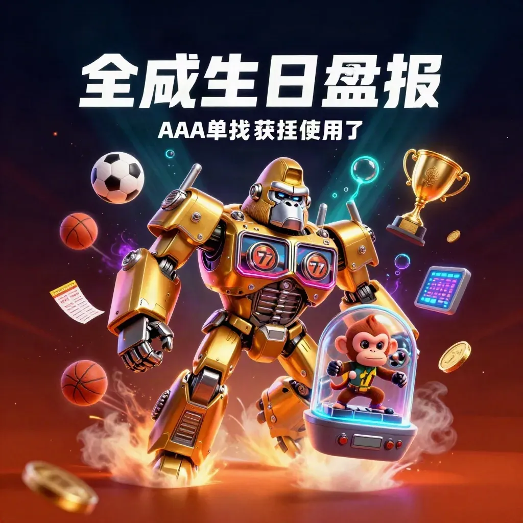 Golden gorilla mech with monkey pilot amid sports balls, coins, trophy, and glowing vault effects
