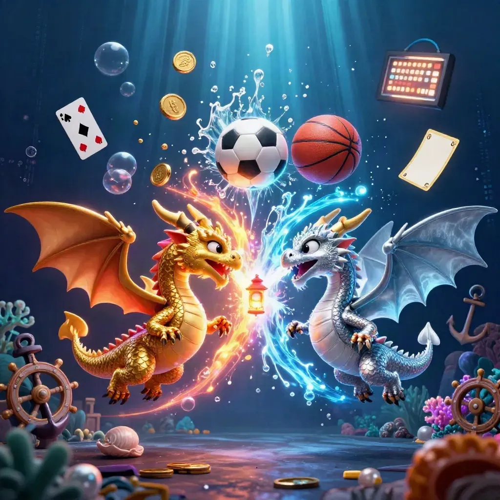 Gold and silver dragons swirl above underwater treasure with sports balls, coins, and neon light.