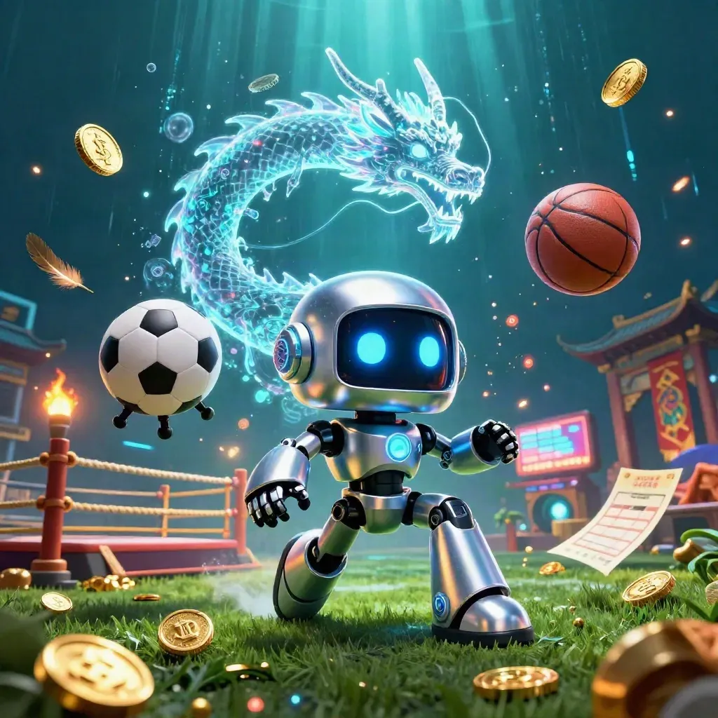 Cyberpunk robot, dragon and drone explode around sports balls, coins and a temple gate.
