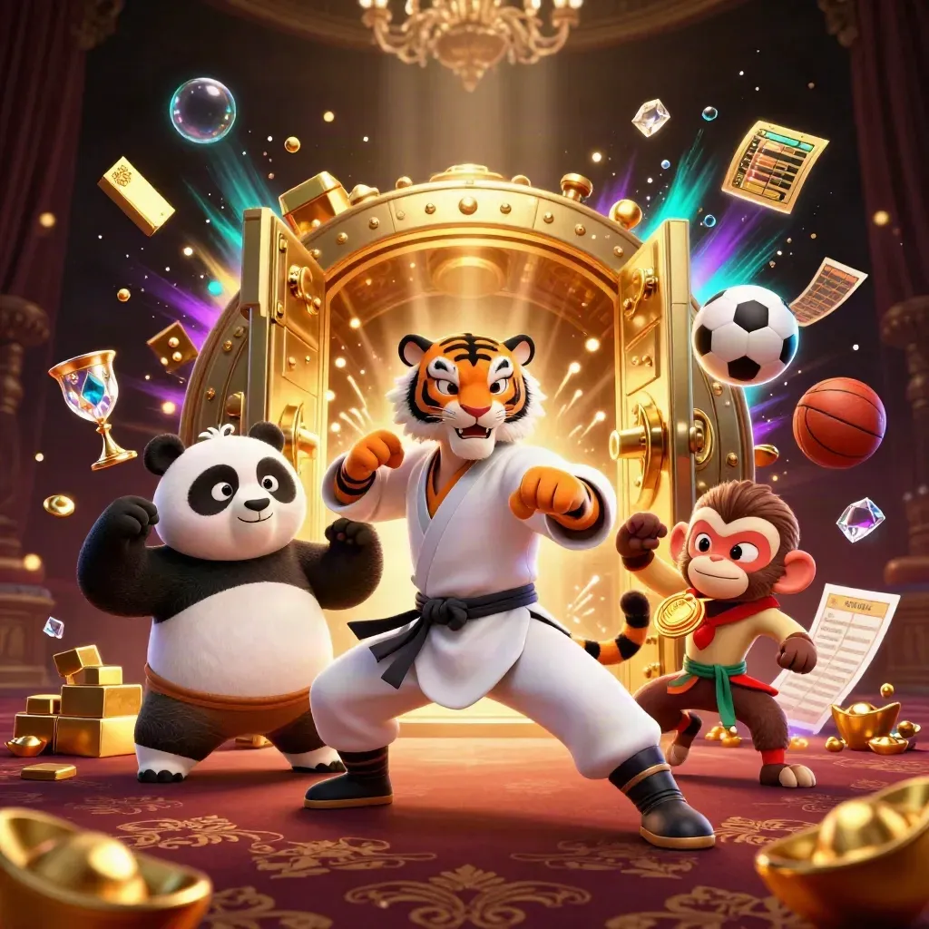 Kung-fu tiger, panda, and monkey burst amid a vault of gold and casino prizes.