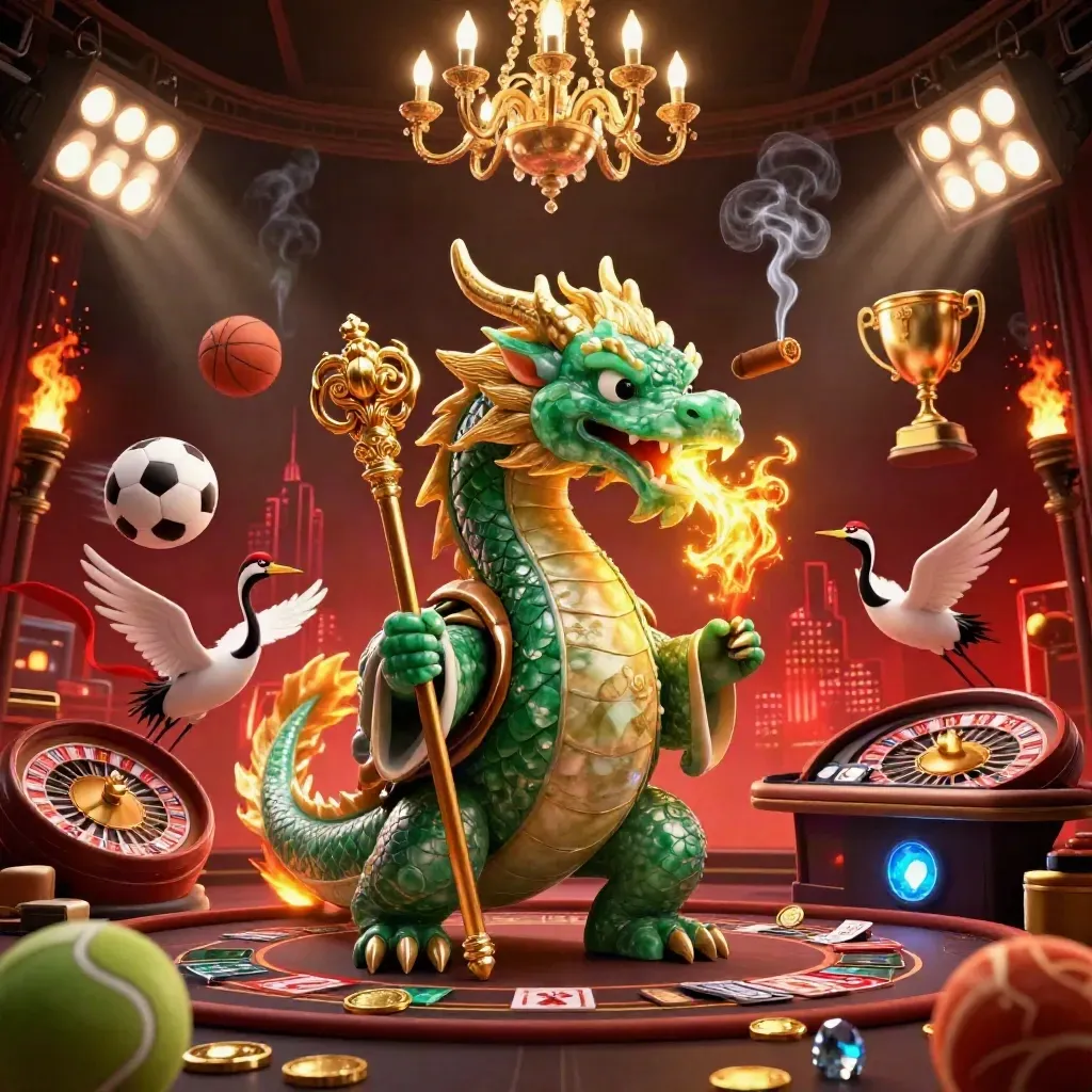 Jade dragon, turtle sage, and cranes in a luxe casino lounge with sports balls, trophy, skyline glow.