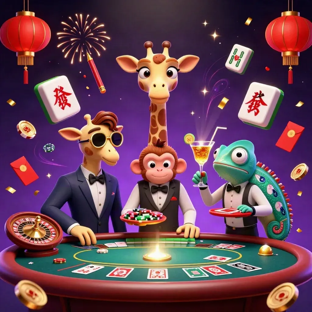 Luxury casino cartoon scene with giraffe, monkey, chameleon, lanterns, coins, and purple glow.