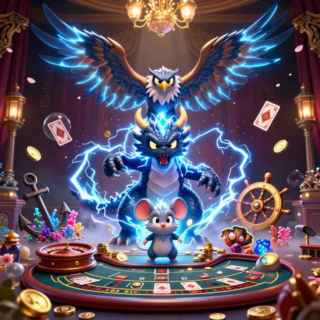 Thunder dragon, wind hawk, and static mouse amid casino-luxe treasure and dark damask glow.
