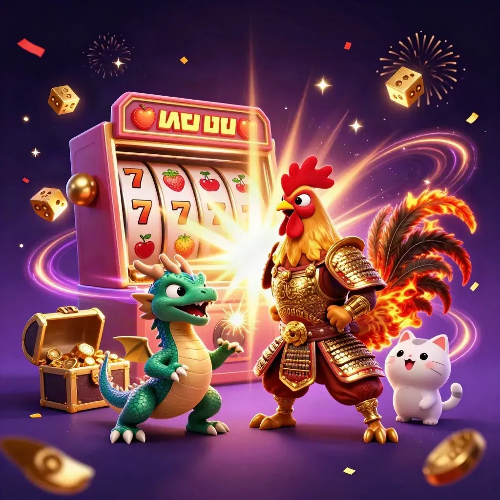 Rooster warrior, dragon hatchling, and fortune-cat amid bursting slots, gold, sparks, and fireworks