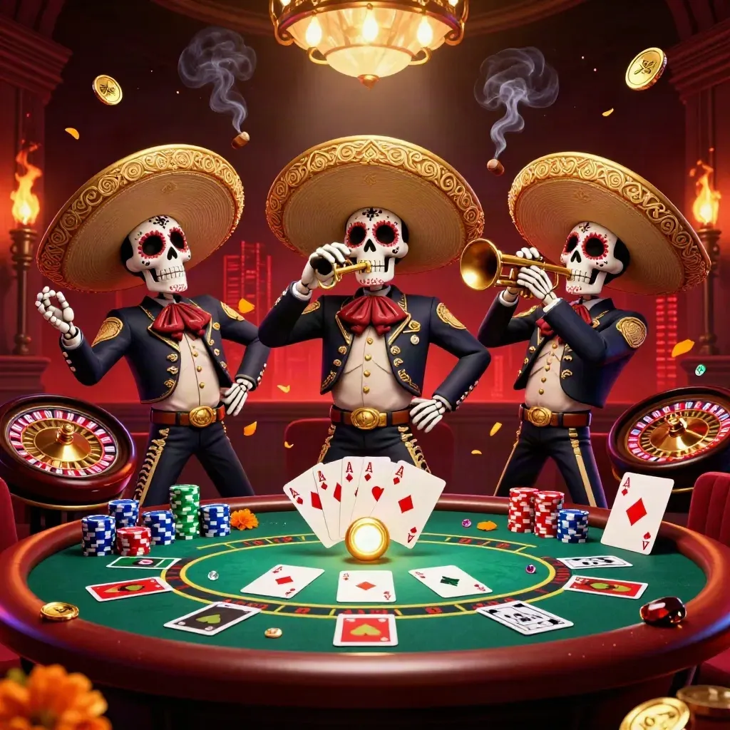 Three Day-of-the-Dead skeleton mariachi performers in a glowing casino with cards, chips, and roulette.