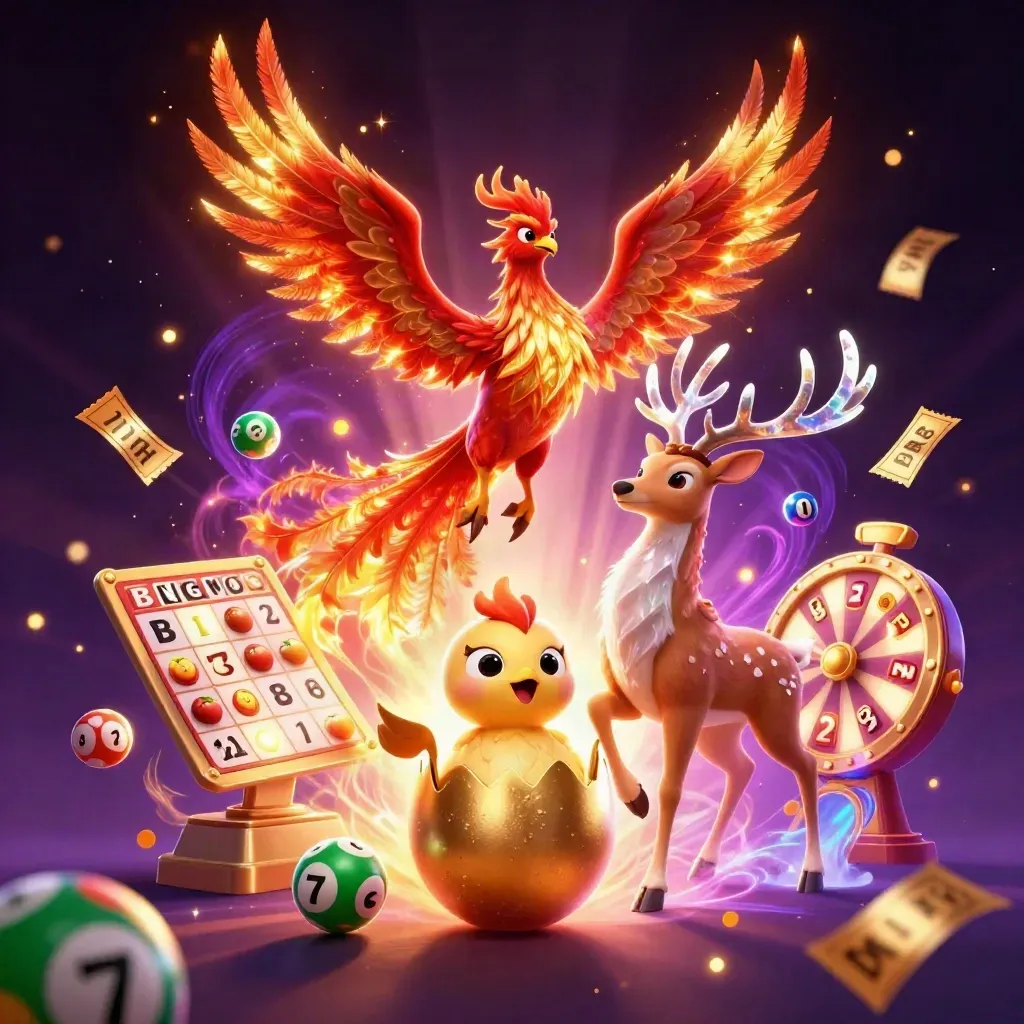 Phoenix, hatching chick, and crystal-antlered stag amid casino bursts and glowing effects.
