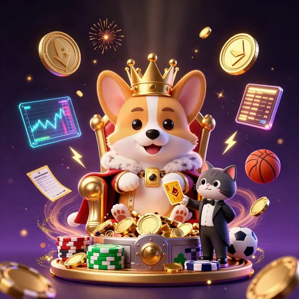 Royal corgi and cat butler amid casino vault riches, coins, crypto, sports props, and fireworks.