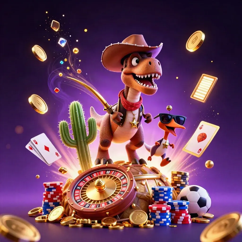Cowboy T-Rex, cactus sidekick, and sheriff roadrunner amid coins, cards, chips, and vault fireworks