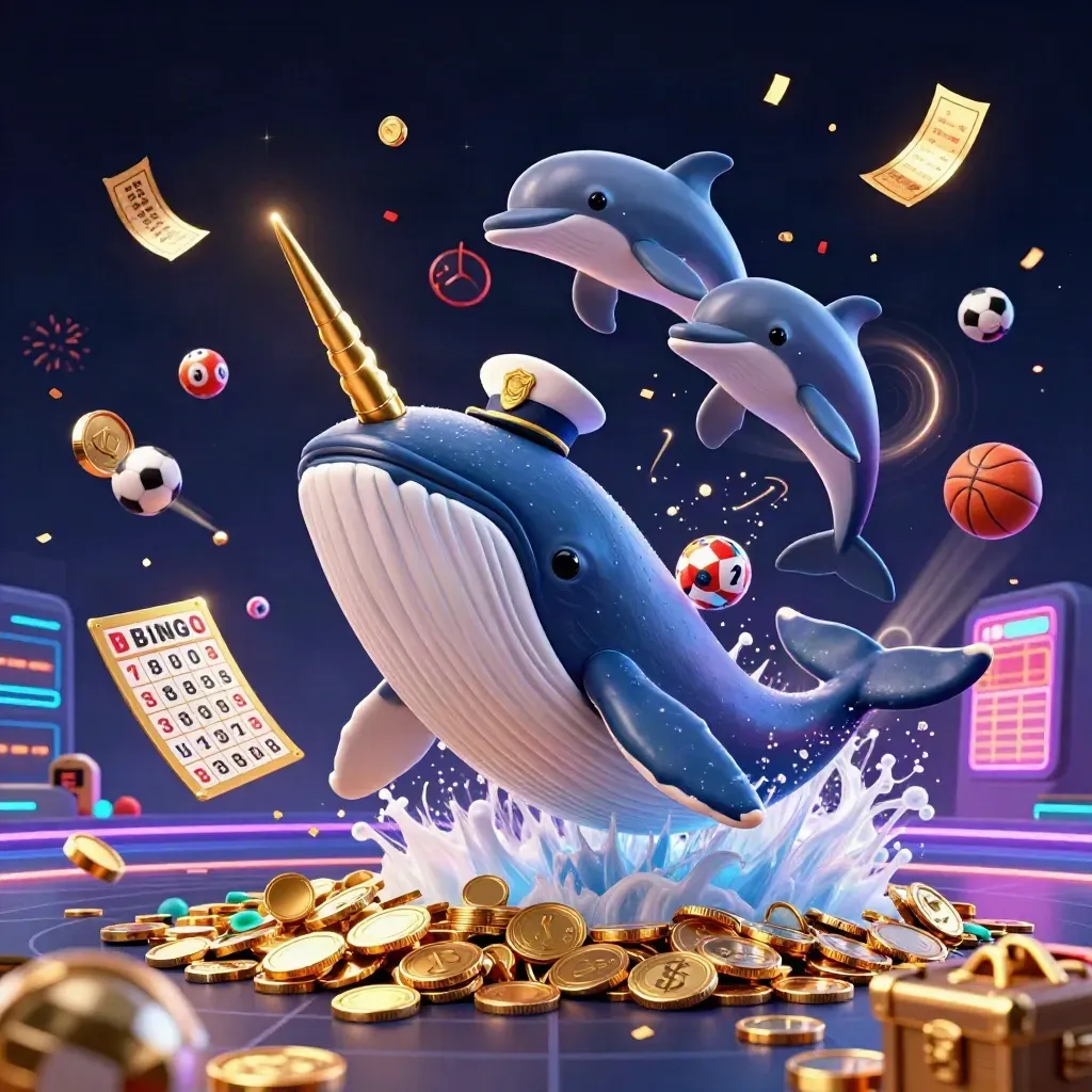 Whale captain, narwhal, and dolphins amid coins, tickets, balls, fireworks, and a neon casino grid