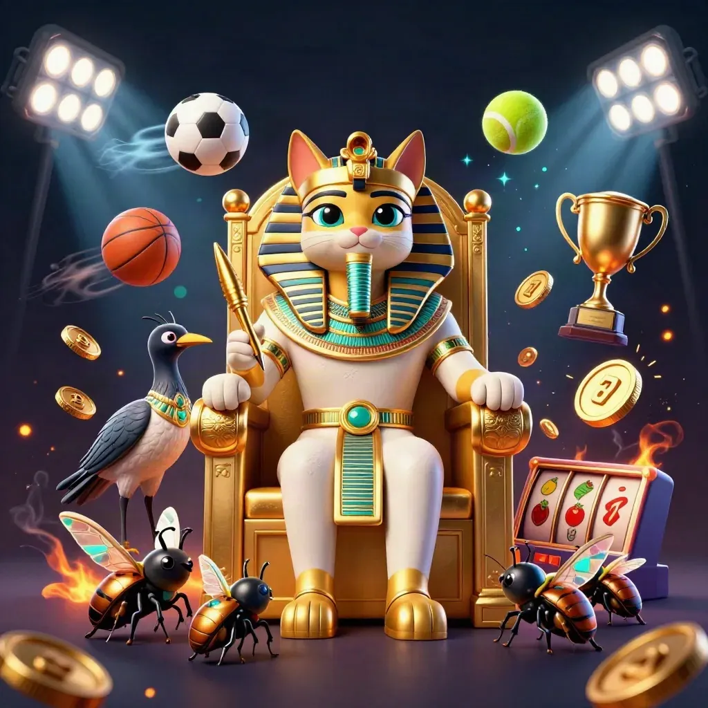 Pharaoh cat on a throne with ibis, scarabs, sports balls, trophy, and casino glow