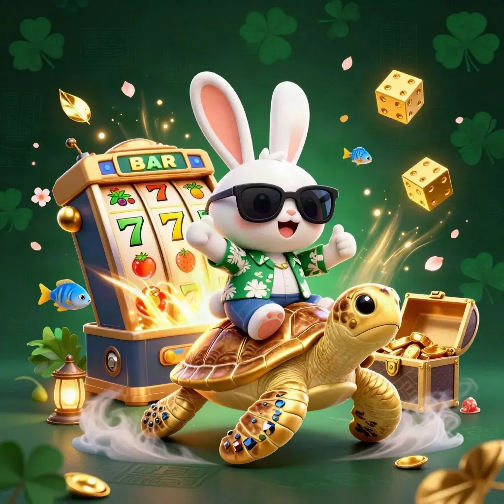 Lucky rabbit rides a gem-shelled sea turtle as slots burst with gold in dark emerald glow.