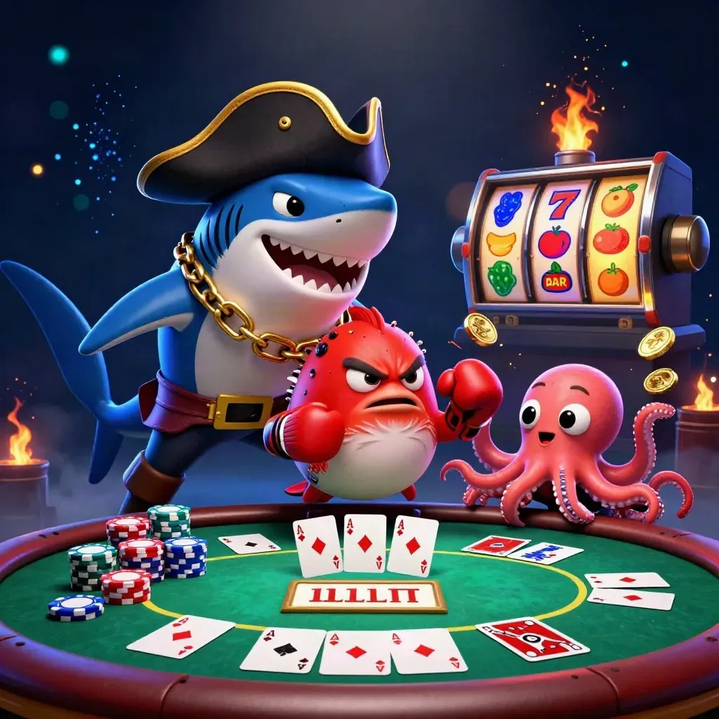 Pirate shark, boxing pufferfish, and coin-juggling octopus in a glowing casino battle scene.