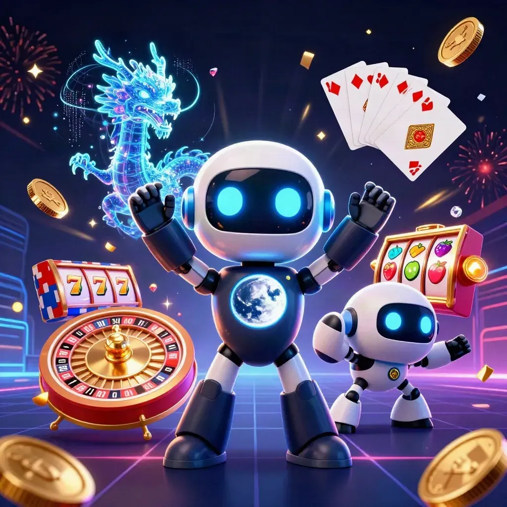 Cyberpunk robot, hologram dragon, and coin drone amid casino reels, coins, chips, and sparks