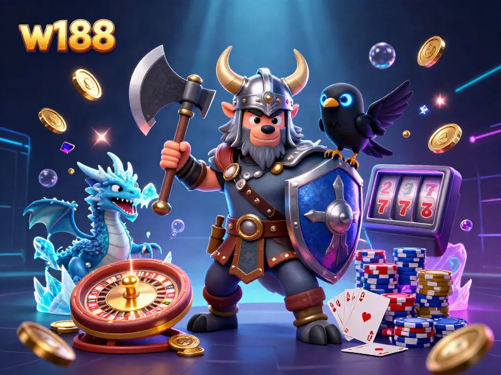Engage in thrilling gameplay at w188 with a Viking wolf warrior, dragon, and casino elements.