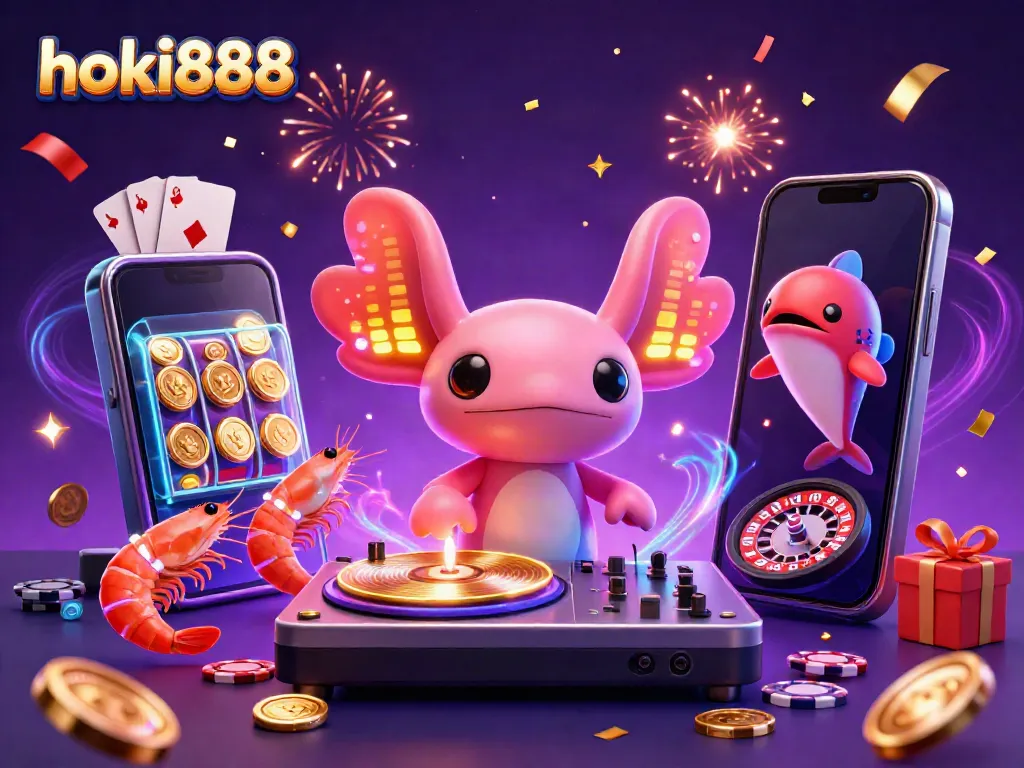Permainan hoki888 yang menarik, menampilkan DJ axolotl neon dan elemen kasino yang menggembirakan.