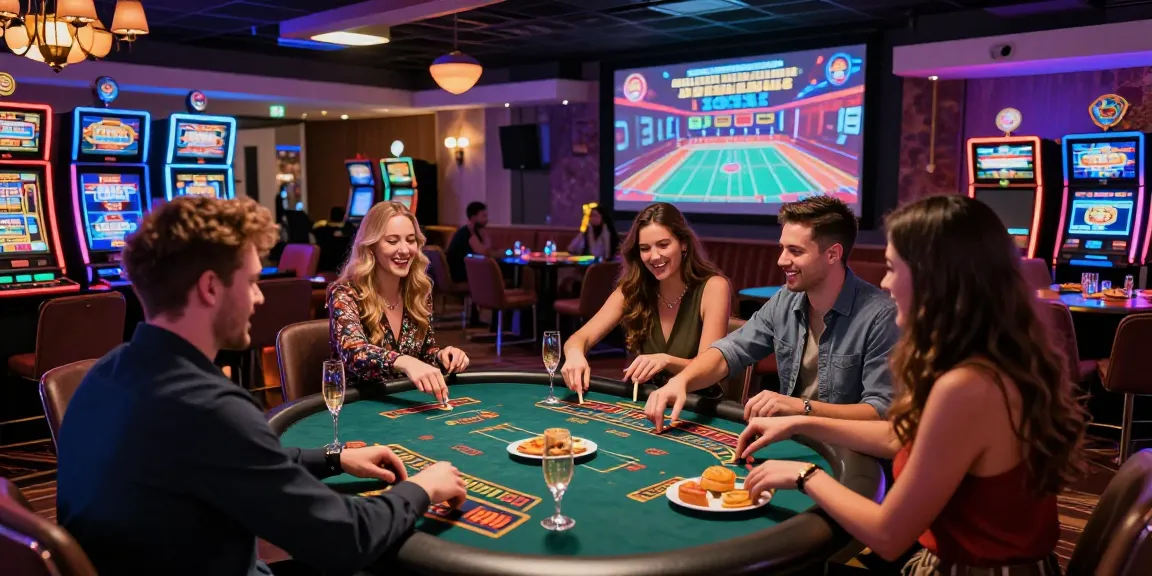 Engaging scene at a credit card casino lounge featuring friends gaming, showcasing https://sii.org.uk/ with vibrant neon lights and excitement.