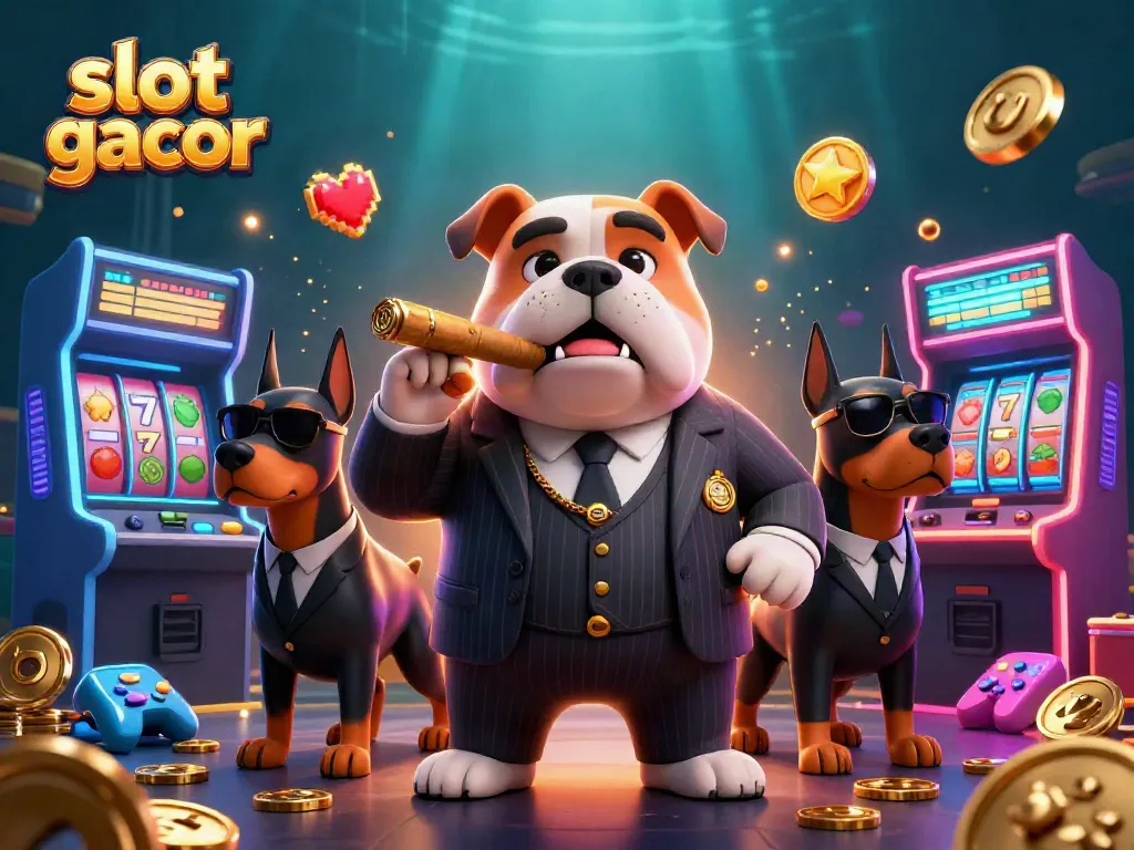 Experience the thrill of slot gacor with cartoon mafia boss and sleek Doberman bodyguards in a vibrant casino scene.